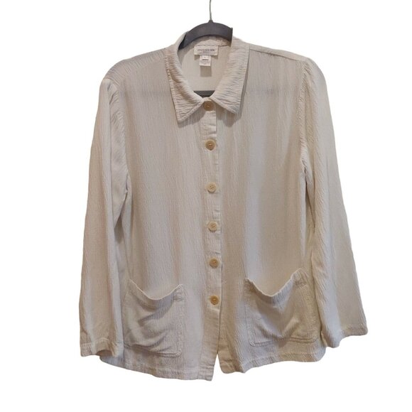 Jones New York Linen Blend Top Blouse Womans L Textured jacket Gauzy White beach - Picture 1 of 9